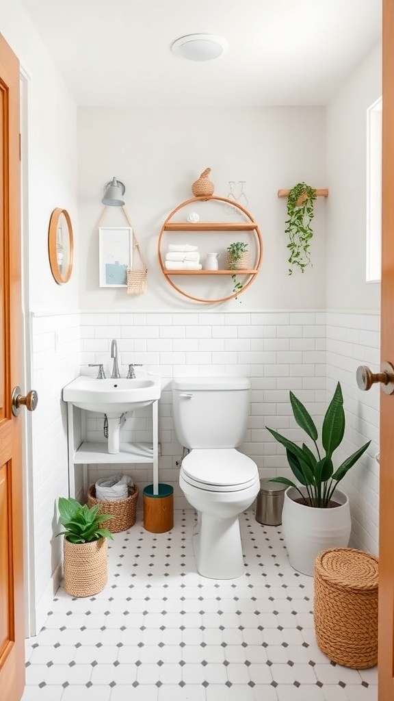 A small, minimalist bathroom with a white sink, toilet, and decorative plants.