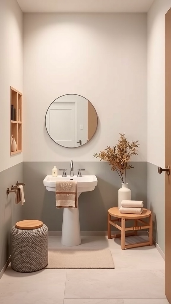A small, stylish bathroom featuring a round mirror, a sink, and natural decor elements.
