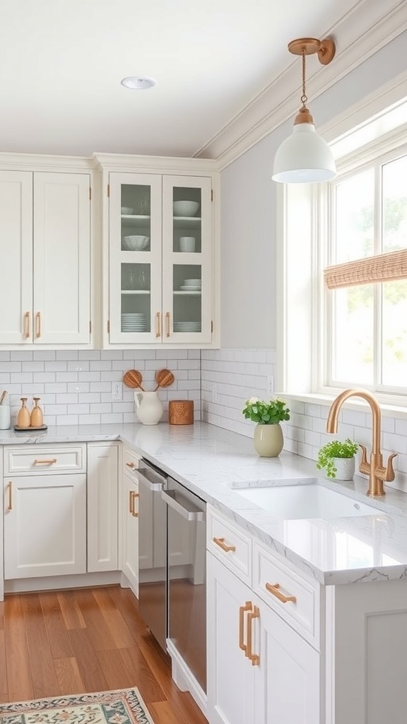 A modern kitchen featuring white cabinets, gold hardware, and stylish lighting.