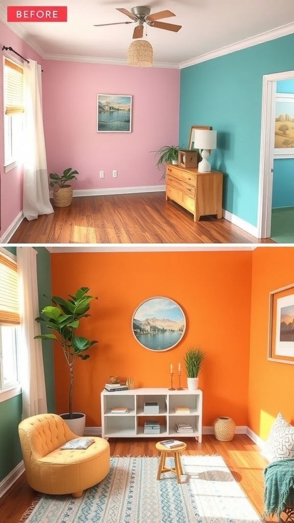 A bright turquoise wall with an orange chair and decorative elements in a well-lit room.
