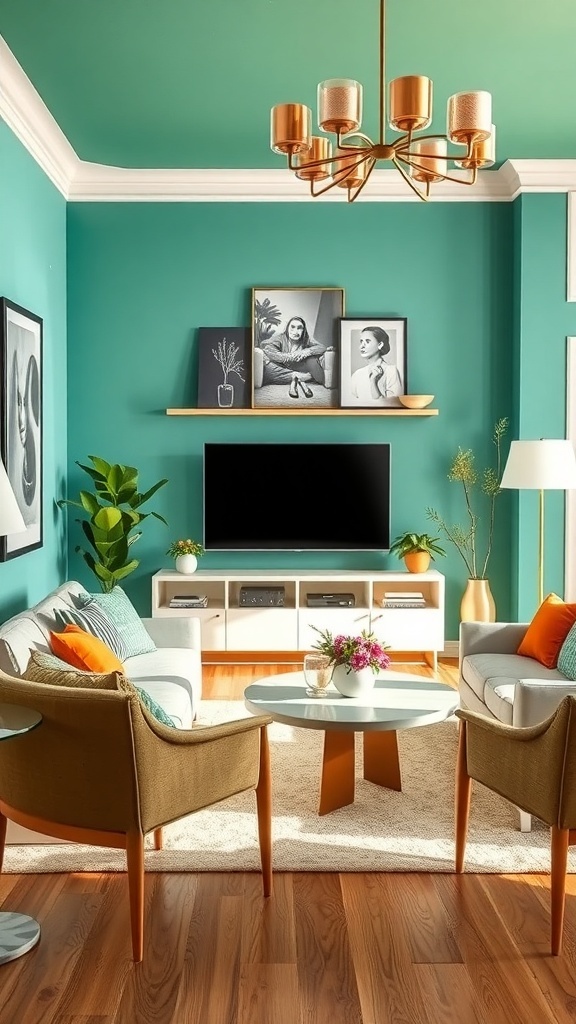 A stylish living room featuring an orange wall, colorful furniture, and modern decor.