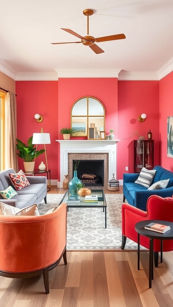 A stylish living room with coral walls, colorful furniture, and a cozy atmosphere.