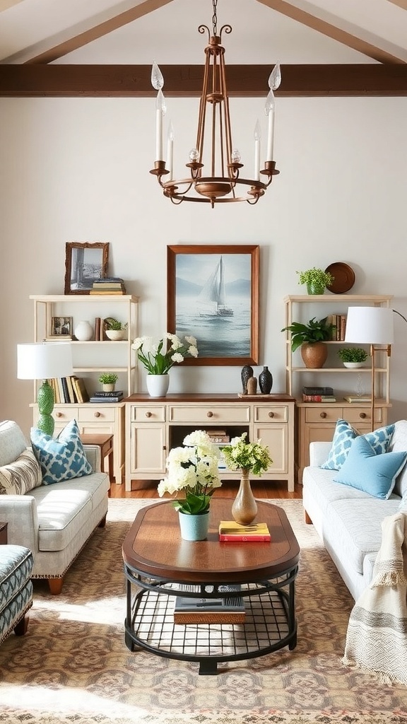 A stylish living room with plants, a gray sofa, and a coffee table.