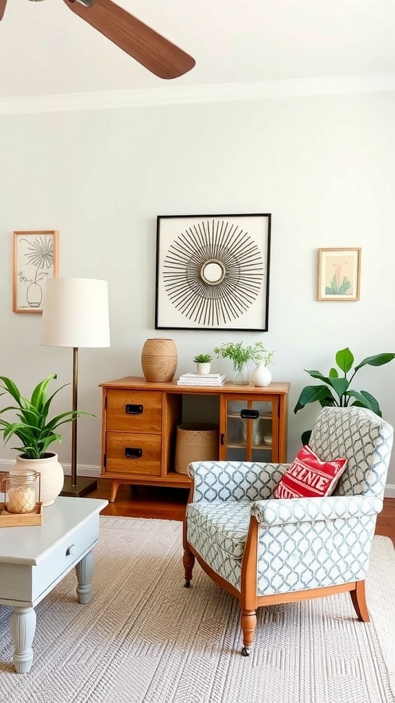 A cozy living room featuring thrifted furniture, plants, and wall art.