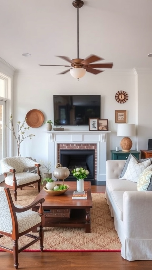 A cozy living room featuring a stylish coffee table, comfortable chairs, and decorative elements.