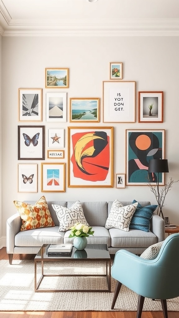 A living room with a gallery wall of framed art, a gray sofa, colorful pillows, and a coffee table.