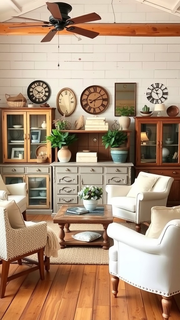 Cozy living room with vintage decor, featuring wooden furniture, clocks on the wall, and plants.