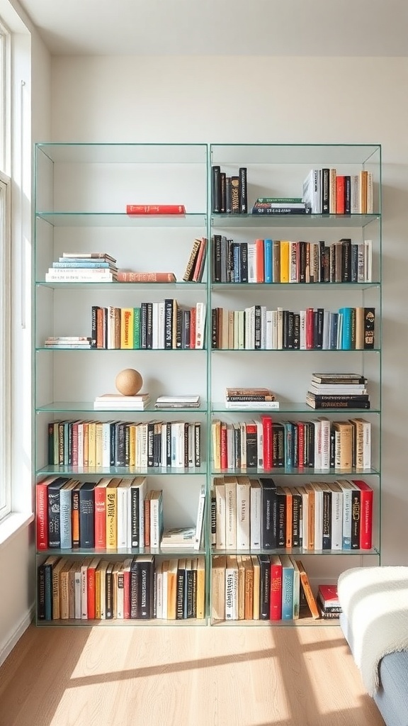 A modern bookshelf with transparent acrylic shelves displaying a variety of books.