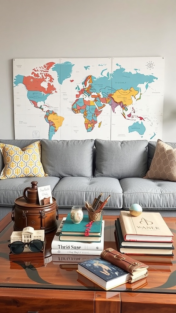 A travel-inspired coffee table arrangement with a world map, books, and souvenirs.