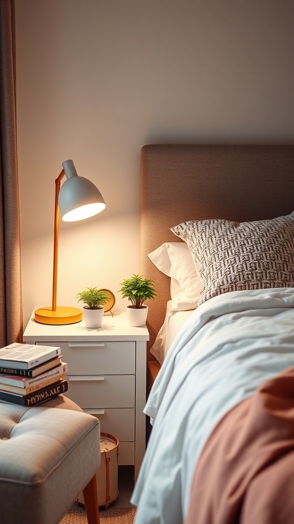 A cozy bedside setup featuring a lamp, potted plants, stacked books, and soft bedding.
