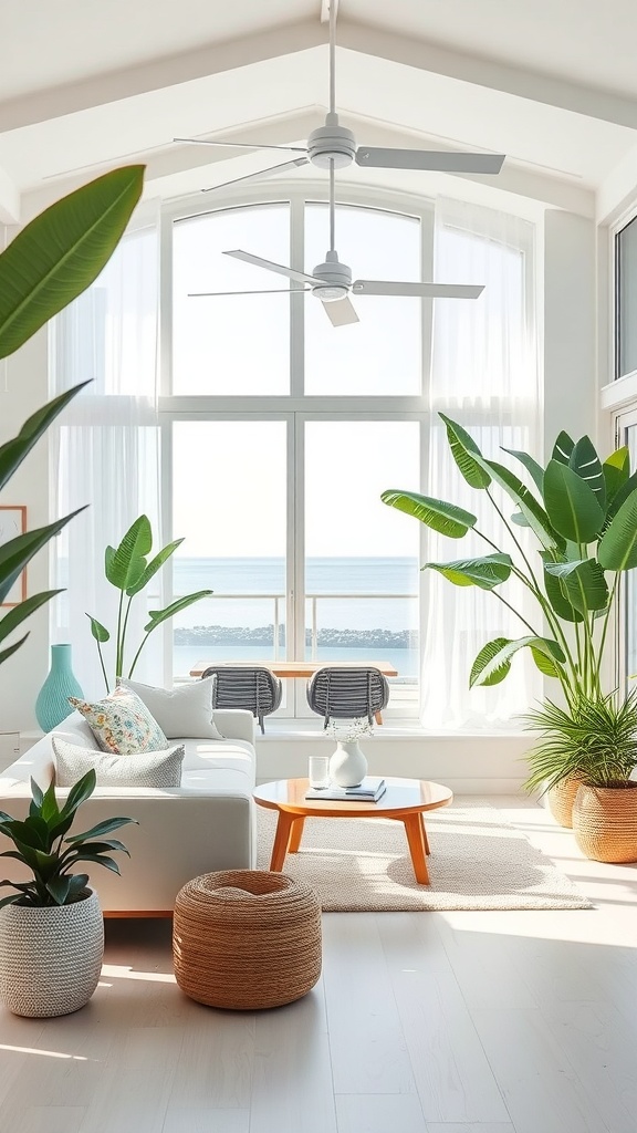 Bright living room with tropical indoor plants and ocean view.