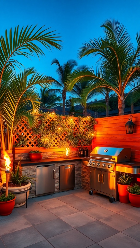 A tropical outdoor grill corner with palm trees, a grill, and warm lighting.