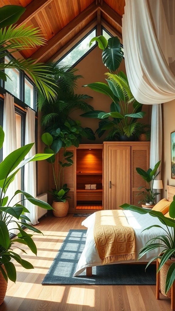 A cozy sauna bedroom with large plants, wooden accents, and a warm atmosphere.