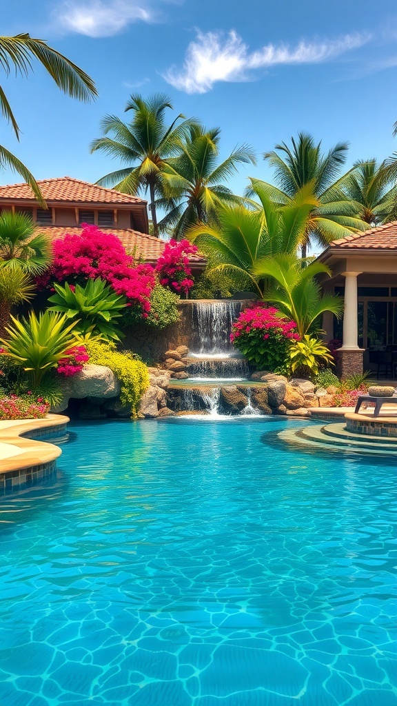 A tropical pool with waterfalls surrounded by palm trees and colorful flowers.