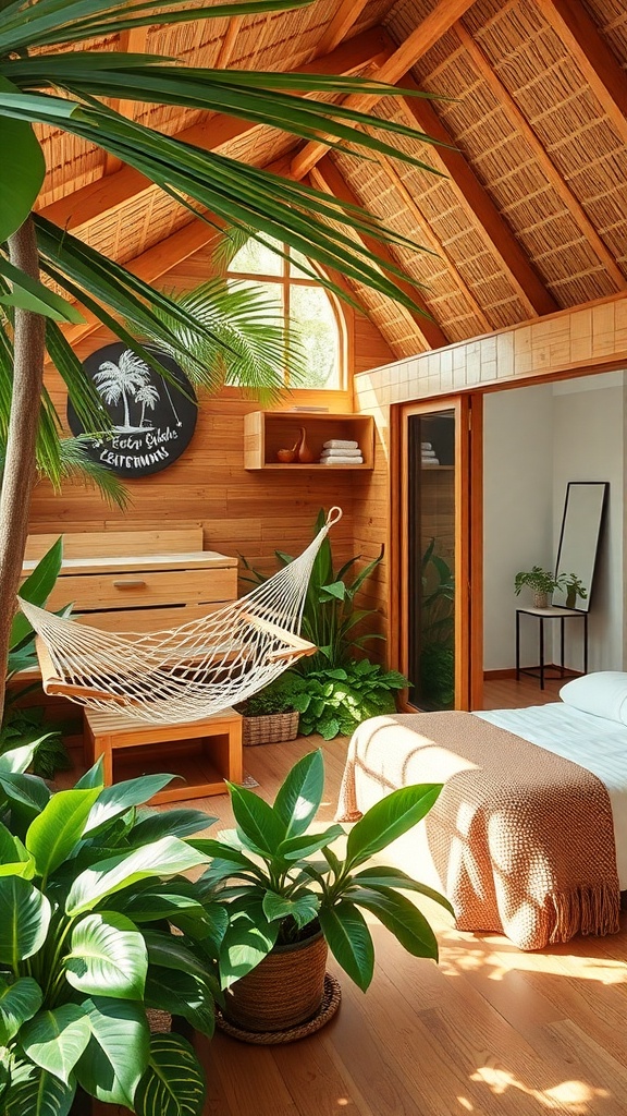 A cozy tropical sauna retreat with wooden elements, a hammock, and lush plants.