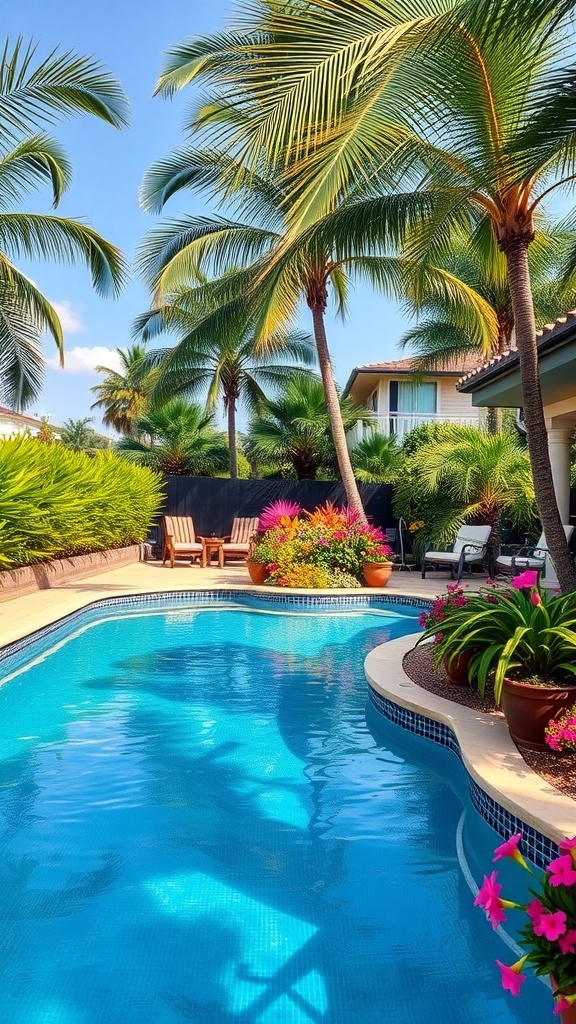 A beautiful swimming pool surrounded by palm trees and colorful flowers, creating a tropical oasis.