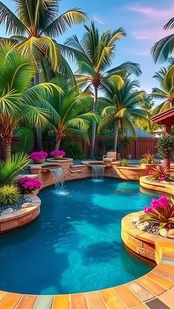 A tropical backyard with a sunken above ground pool surrounded by palm trees and colorful flowers, featuring water cascades.
