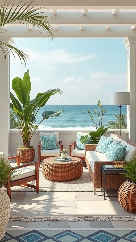 A tropical outdoor lounge with ocean view, featuring comfortable seating, potted plants, and a coffee table.