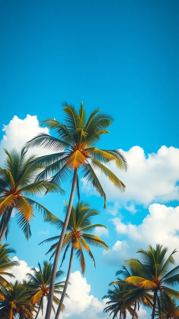 Tropical palm trees against a clear blue sky with fluffy white clouds.