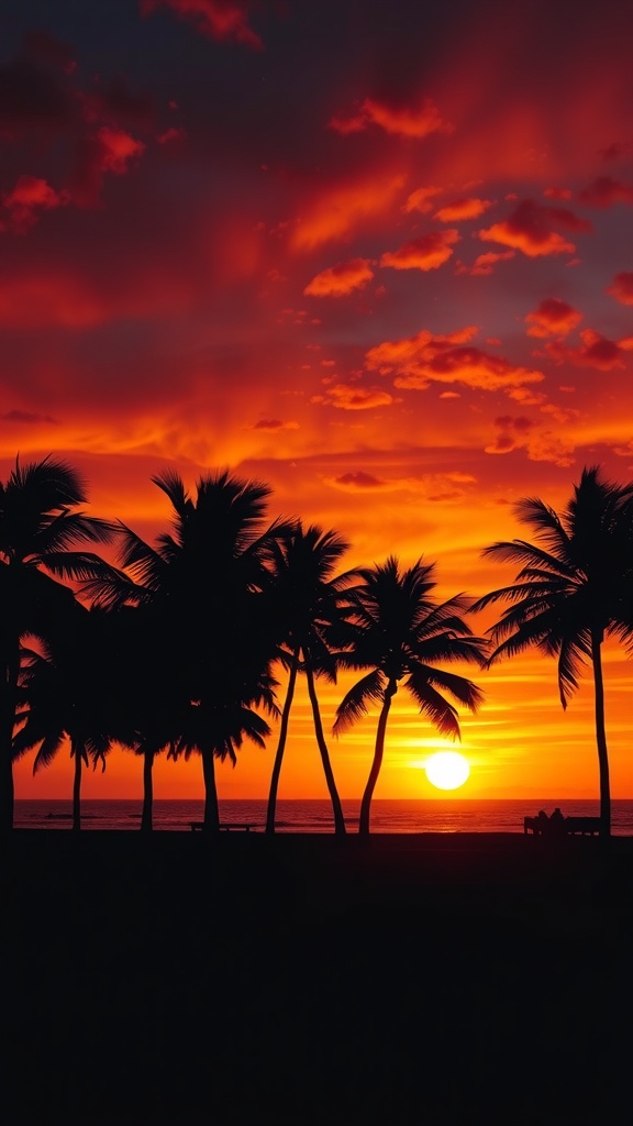 Silhouette of palm trees against a vibrant sunset sky