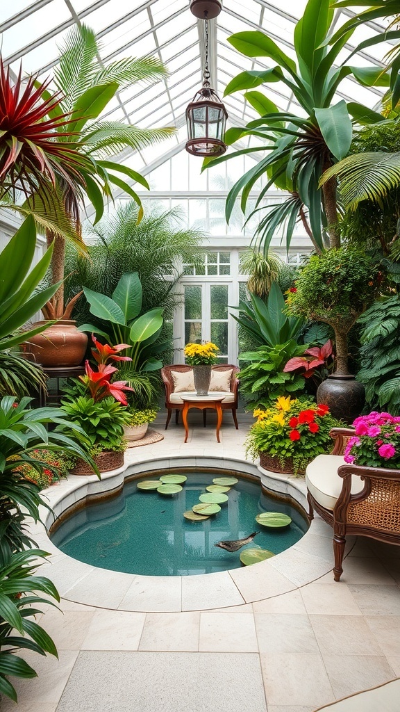 A tropical conservatory filled with exotic plants, featuring a small pond and cozy seating area.