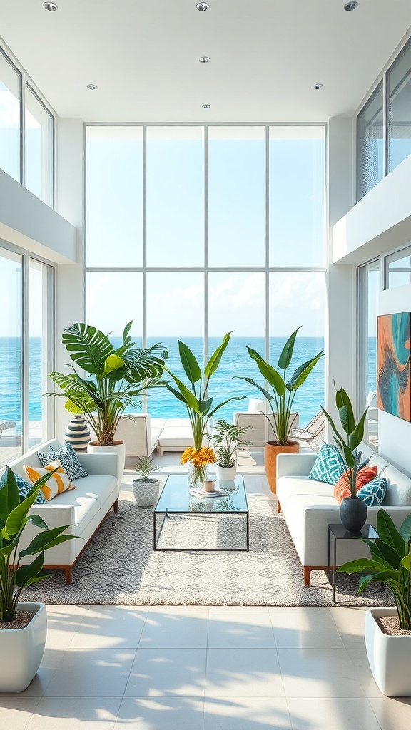 Bright room with large windows overlooking the ocean, featuring tropical plants and modern furniture.