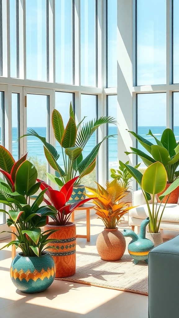 A bright room with large windows showcasing various tropical plants in colorful pots, overlooking the sea.