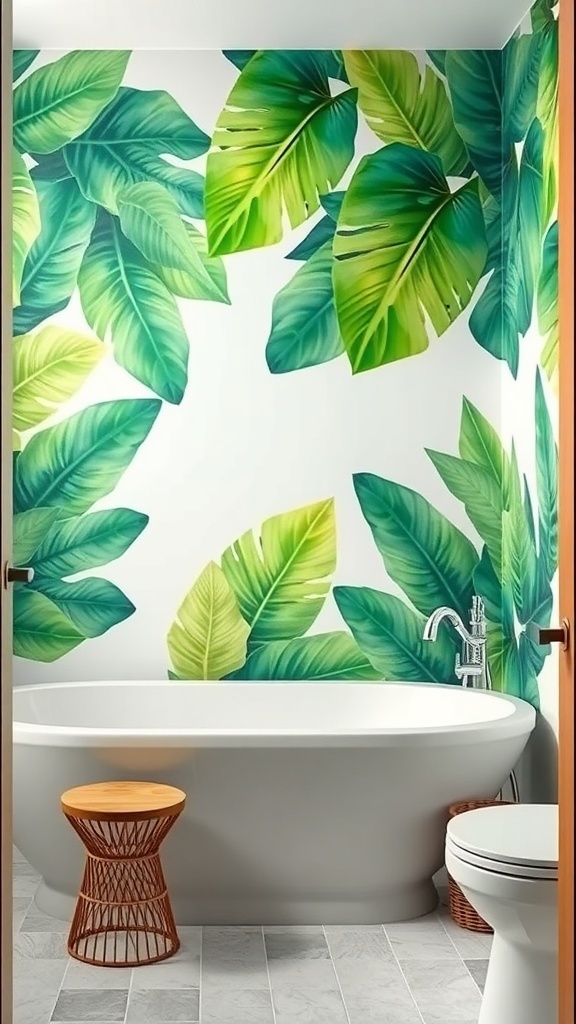 A bathroom featuring tropical leaf wall prints, a white bathtub, and a wooden stool.