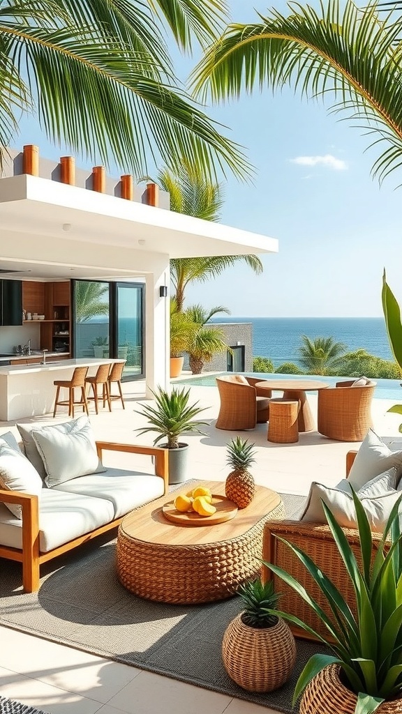 Gemütliche Terrasse mit Palmen, Ananas und Holz-Möbeln
