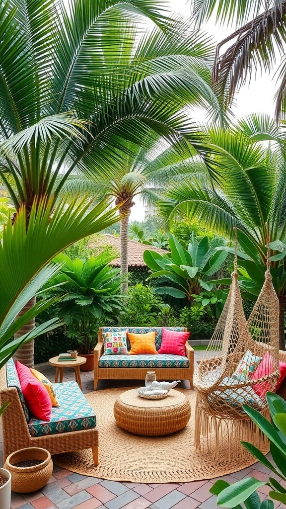 Tropische Outdoor-Lounge mit Palmen, Pool und gemütlichen Sitzgelegenheiten