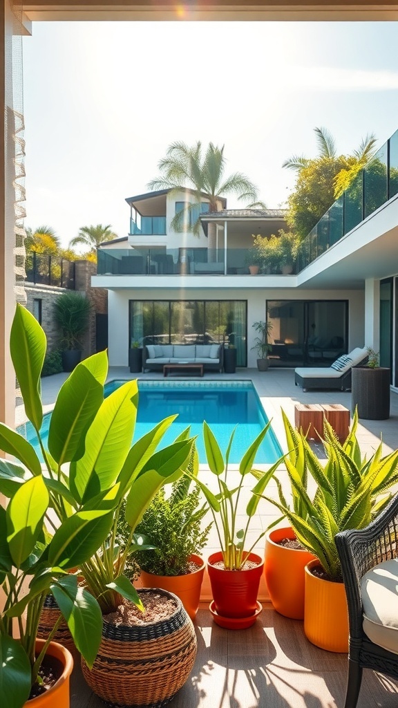 Eine Terrasse mit tropischen Pflanzen und einem Pool im Hintergrund