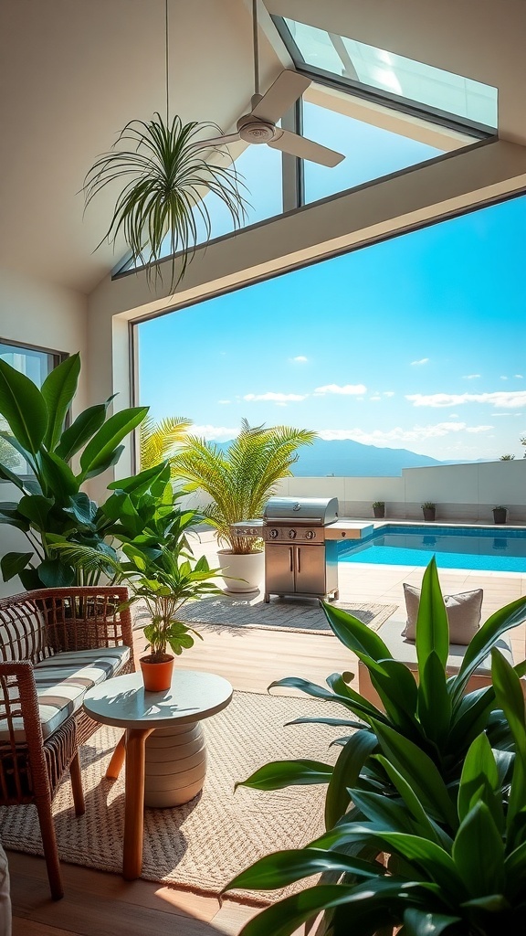 Helle Wohnlandschaft mit tropischen Pflanzen und Blick auf den Pool