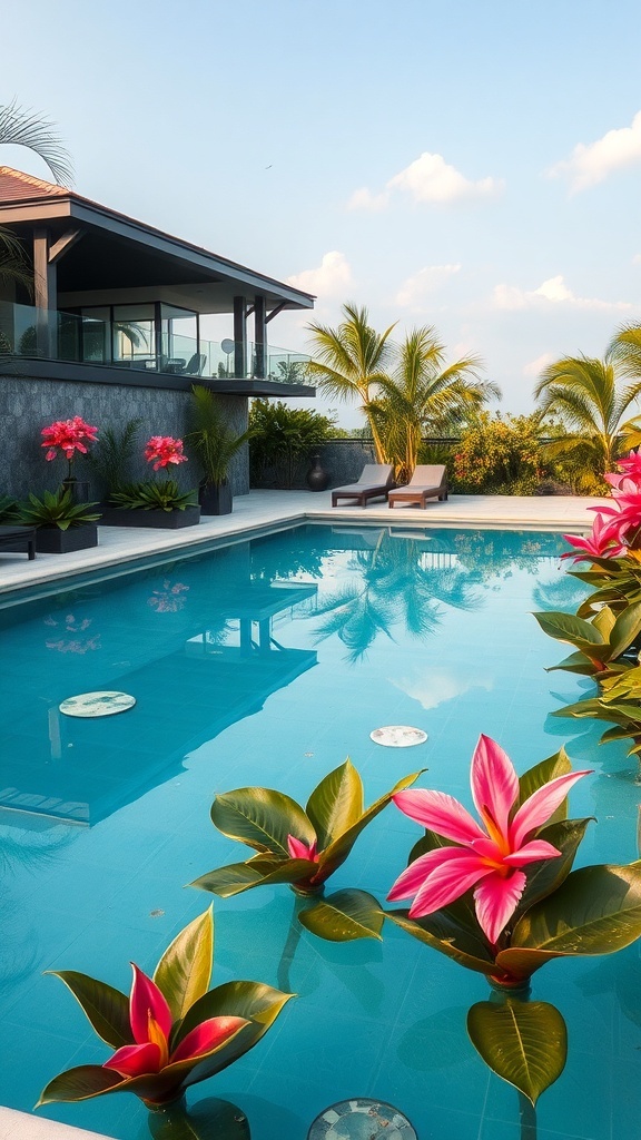 Tropischer Pool mit Wasserpflanzen und Liegen