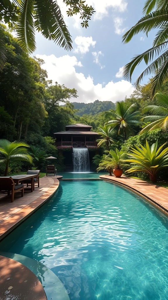 Tropischer Wasserfall in Costa Rica mit Pool und Palmen