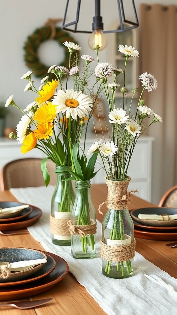 Three twine-wrapped vases with flowers on a wooden table