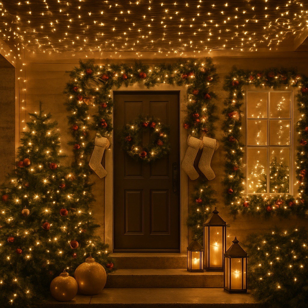 A cozy outdoor entrance decorated with twinkling fairy lights, a wreath, stockings, and festive ornaments.