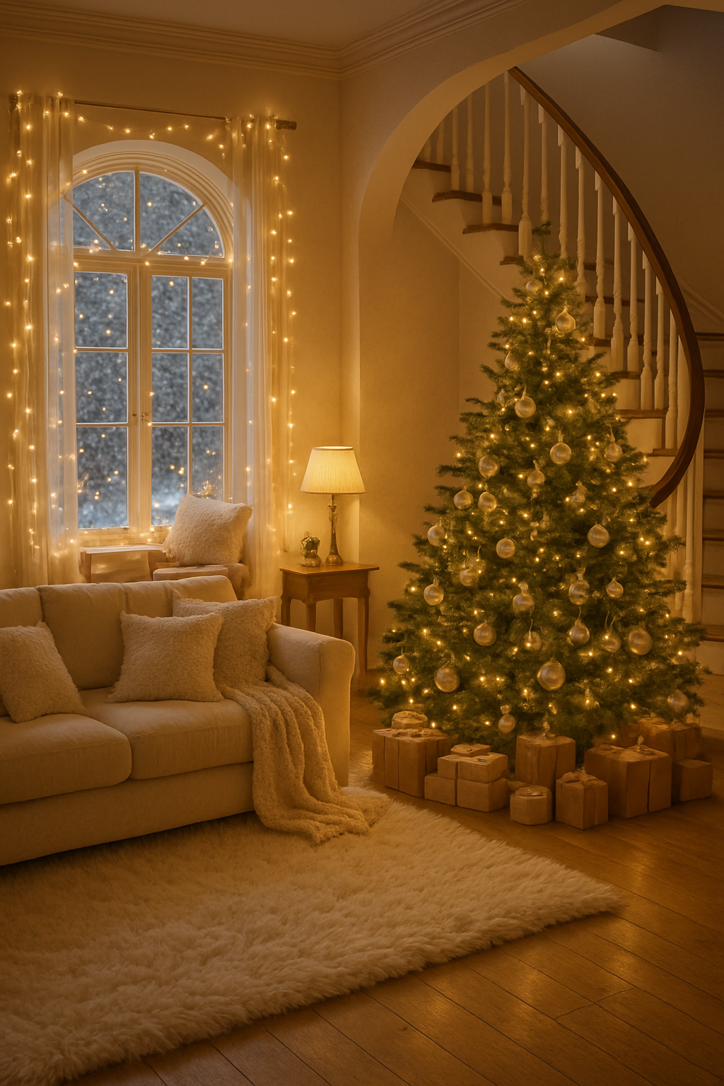 Cozy living room decorated with fairy lights and a Christmas tree