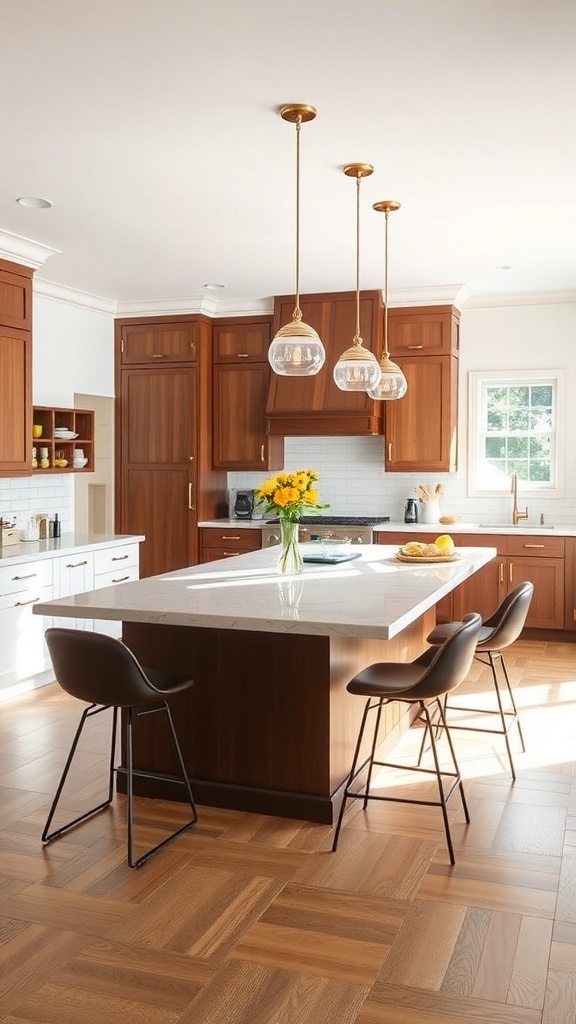 A modern kitchen featuring a two-tiered island with a breakfast bar, warm wood cabinetry, and pendant lighting.