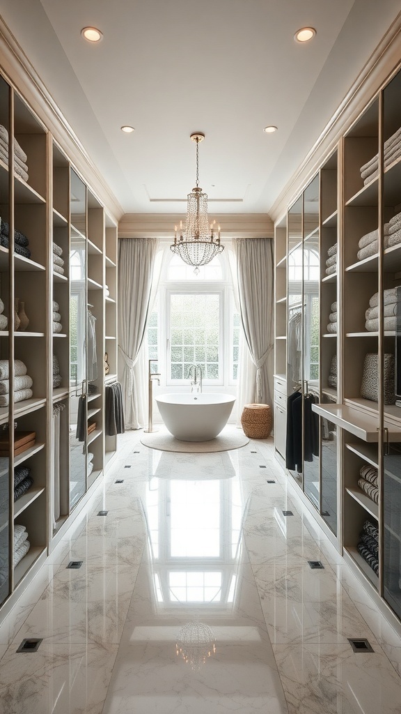 U-shaped closet with a center island, featuring mirrored cabinets, a chandelier, and organized shelves.