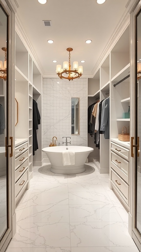 U-shaped closet with an open bathroom featuring a freestanding tub and elegant lighting.