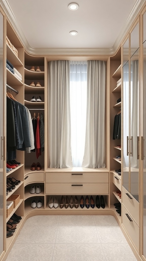 A well-organized U-shaped walk-in closet with built-in shoe racks and natural light.