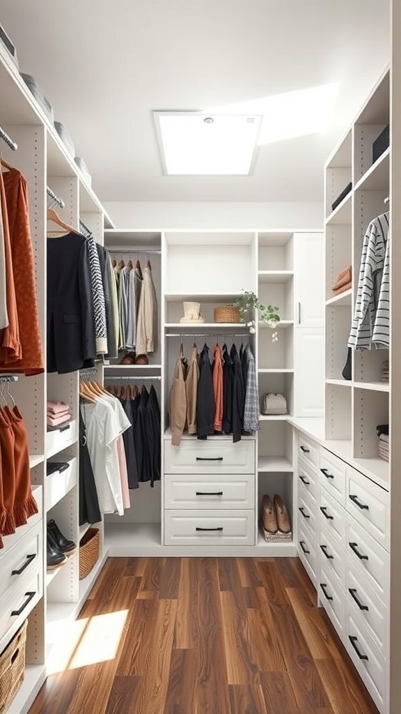 A well-organized U-shaped walk-in closet with clothing, shoes, and storage drawers.