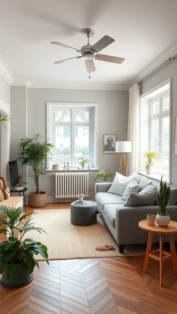 Stilvolles Wohnzimmer mit umweltfreundlichen Farben und Pflanzen