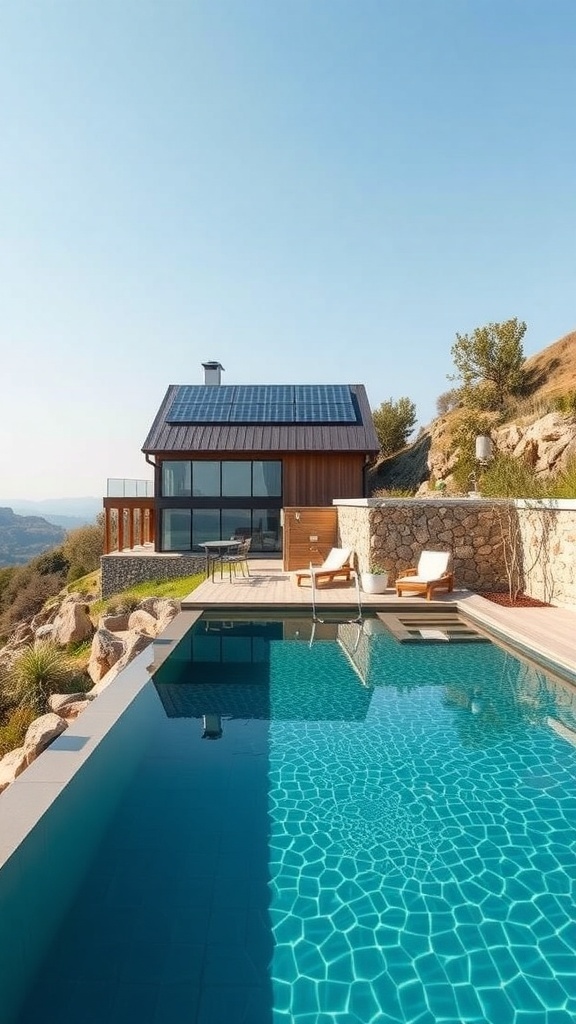 Ein moderner Pool mit Solarpanels auf dem Dach, umgeben von einer natürlichen Landschaft.