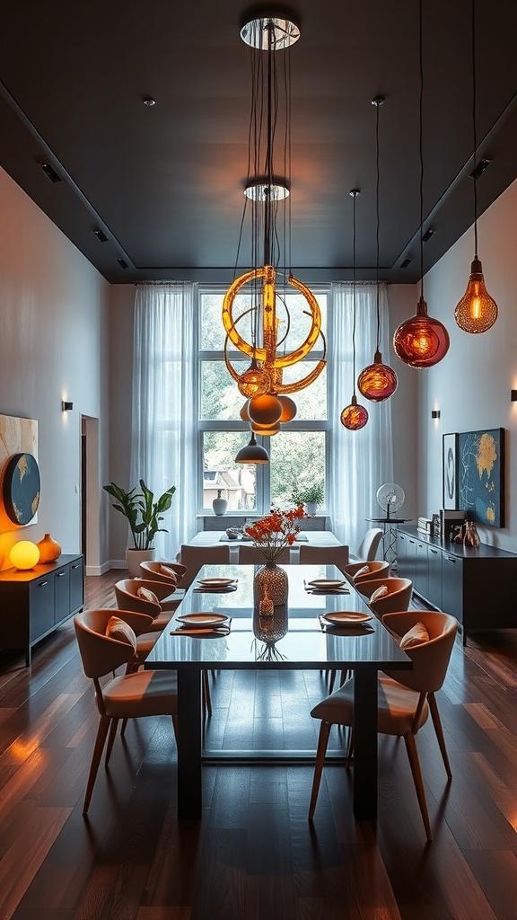 A modern dining area with unique lighting fixtures, featuring a circular pendant light and various hanging lights in warm tones.