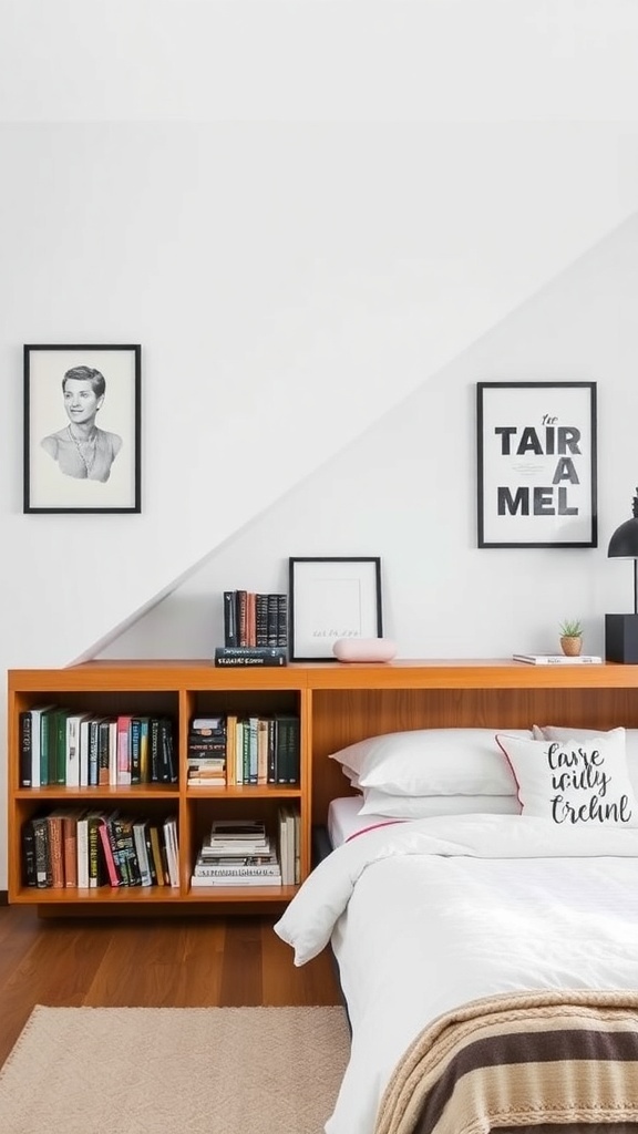 A modern under-bed bookshelf with books and decorative items, creating a stylish storage solution.