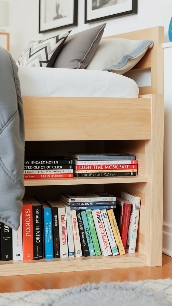 A cozy bedroom with a raised bed and bookshelves underneath, showcasing neatly arranged books.