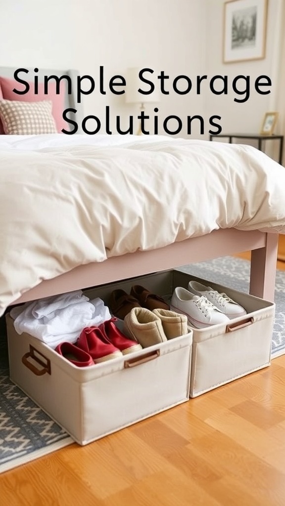 Under-bed storage bins holding shoes and clothing