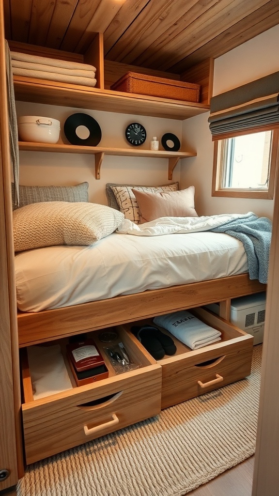 A cozy bedroom featuring under-bed storage drawers filled with various items.