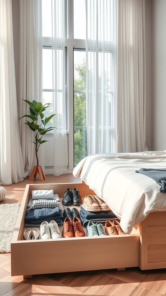 A cozy bedroom featuring under-bed storage drawers filled with neatly folded clothes and shoes, with natural light streaming in through large windows.
